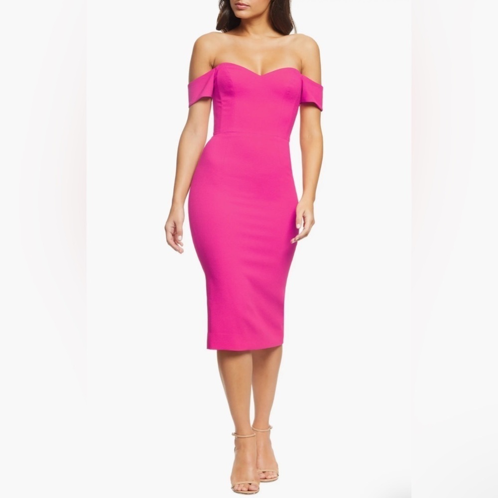 Dress The Population Bailey Off-The-Shoulder Slim Midi Dress Hot Pink Size M